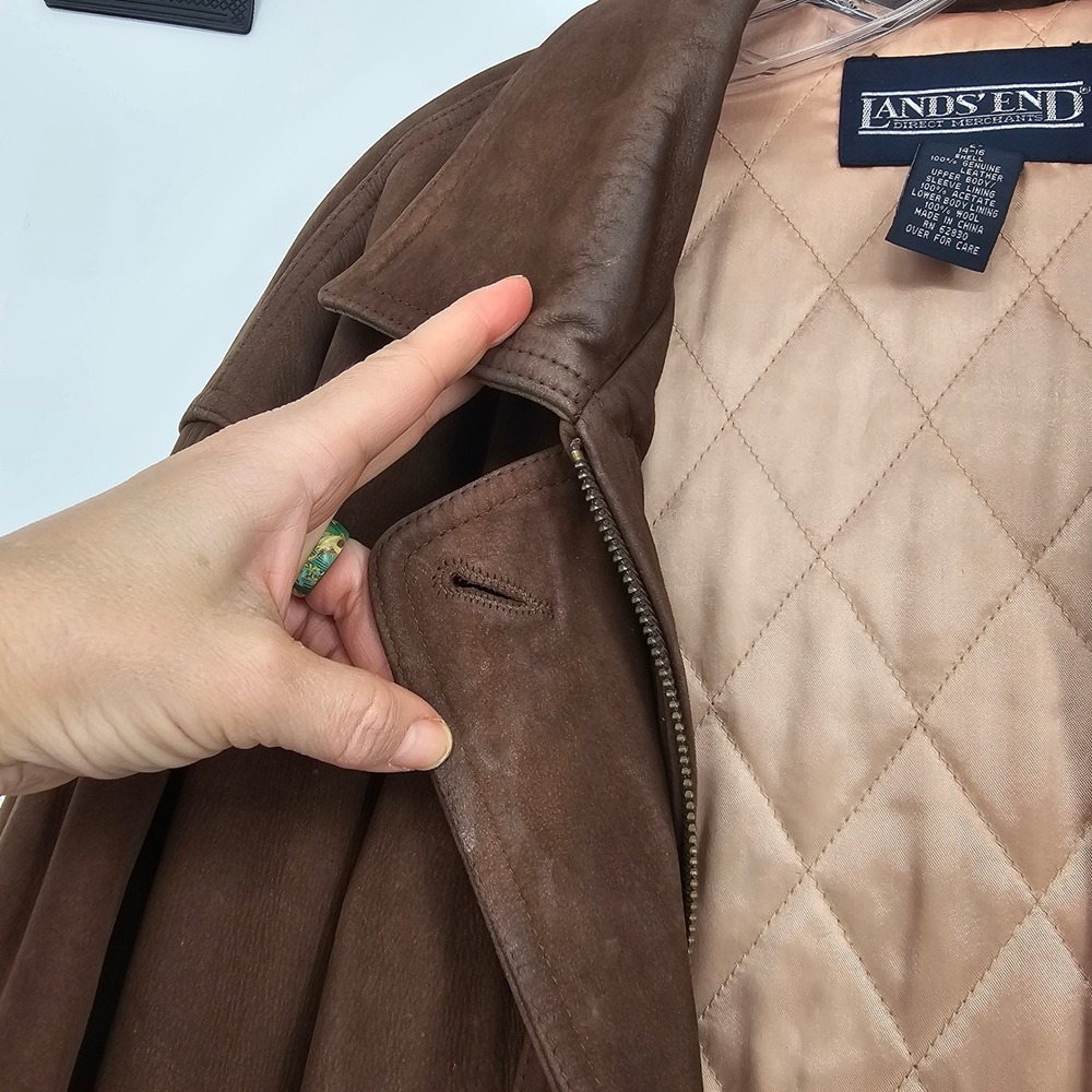 Vintage Lands End Leather Field Jacket L Brown Quilted Wool Lined Cinched Barn - Picture 8 of 13